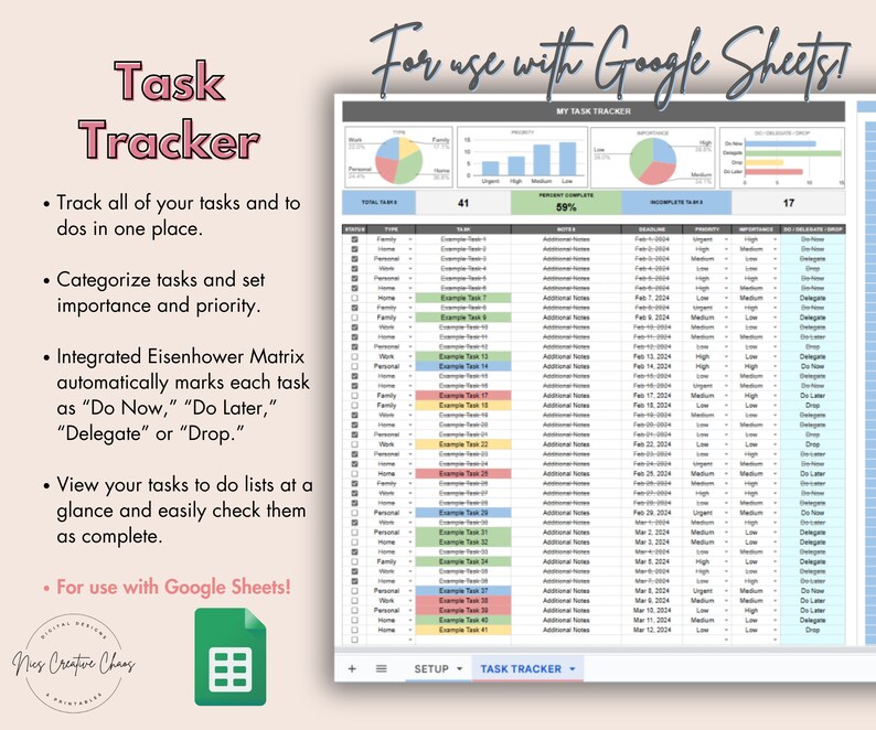 Task Tracker Google Sheets Spreadsheet, to Do List Template, Eisenhower ...