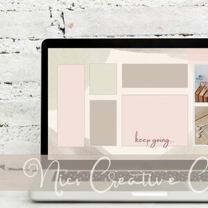 May include: A laptop displays a desktop background with a soft, abstract design in beige, pink, and gray tones. The words "keep going..." are written in a cursive font. The laptop is on a white surface in front of a white brick wall.