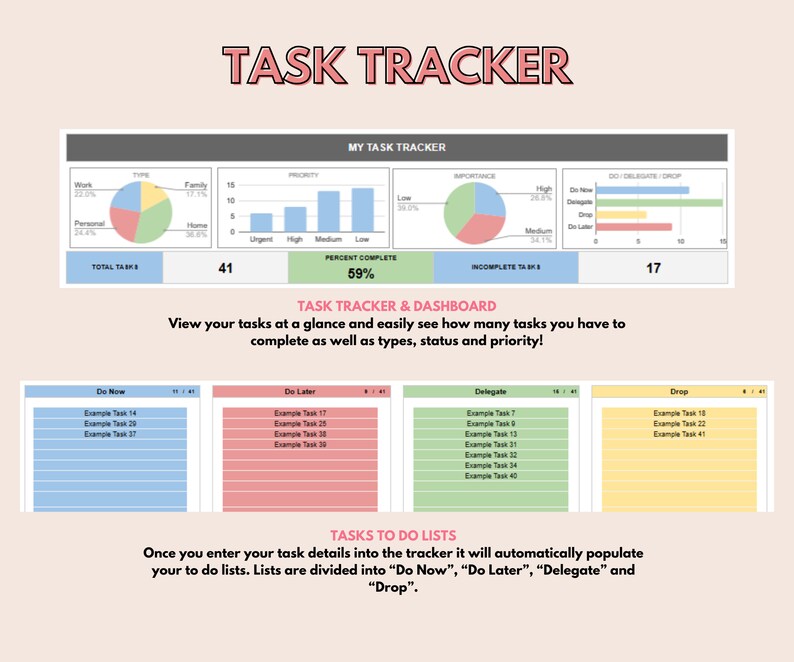 Task Tracker Google Sheets Spreadsheet by NicsCreativeChaos. To Do List Template with Eisenhower Matrix and Decision Priority Checklist. Easy to use Digital Work Task Organizer and Automated Task Scheduler. Colorful Spreadsheet Theme with charts, checkboxes, lists, drop-down menus, conditional formatting and automated calculations.