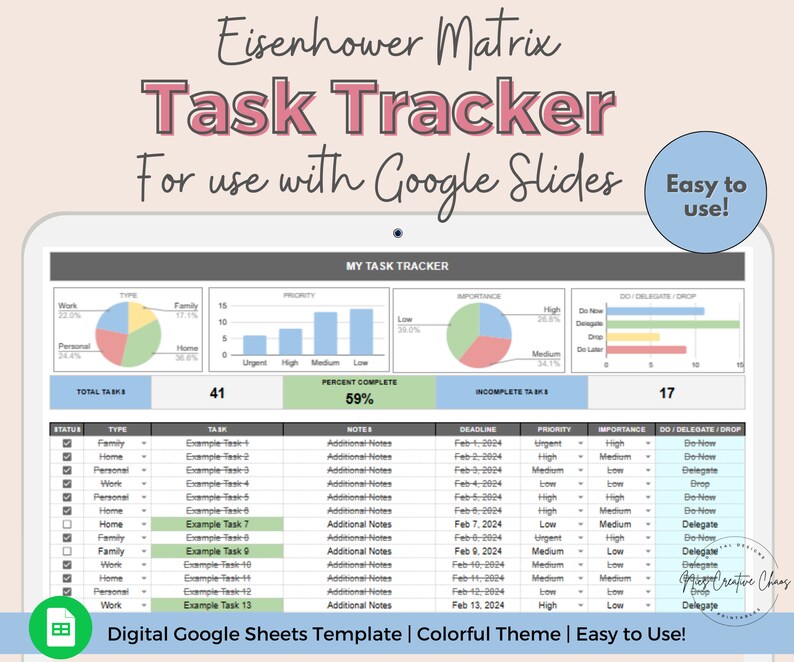 Task Tracker Google Sheets Spreadsheet by NicsCreativeChaos. To Do List Template with Eisenhower Matrix and Decision Priority Checklist. Easy to use Digital Work Task Organizer and Automated Task Scheduler. Colorful Spreadsheet Theme with charts, checkboxes, lists, drop-down menus, conditional formatting and automated calculations.