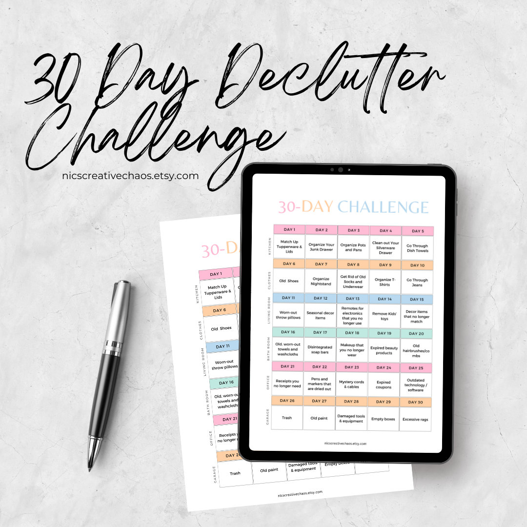 Declutter 30 day challenge printable template cleaning checklist