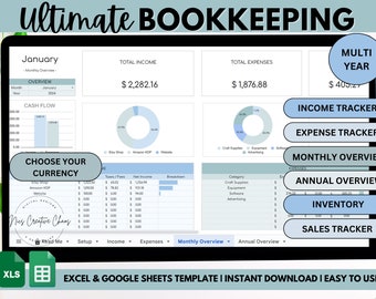 Ultieme boekhoudspreadsheet, Google Spreadsheets en Excel-sjablonen, Spreadsheets voor kleine bedrijven, Inkomsten- en onkostenregistratie, Voorraad, Verkoop