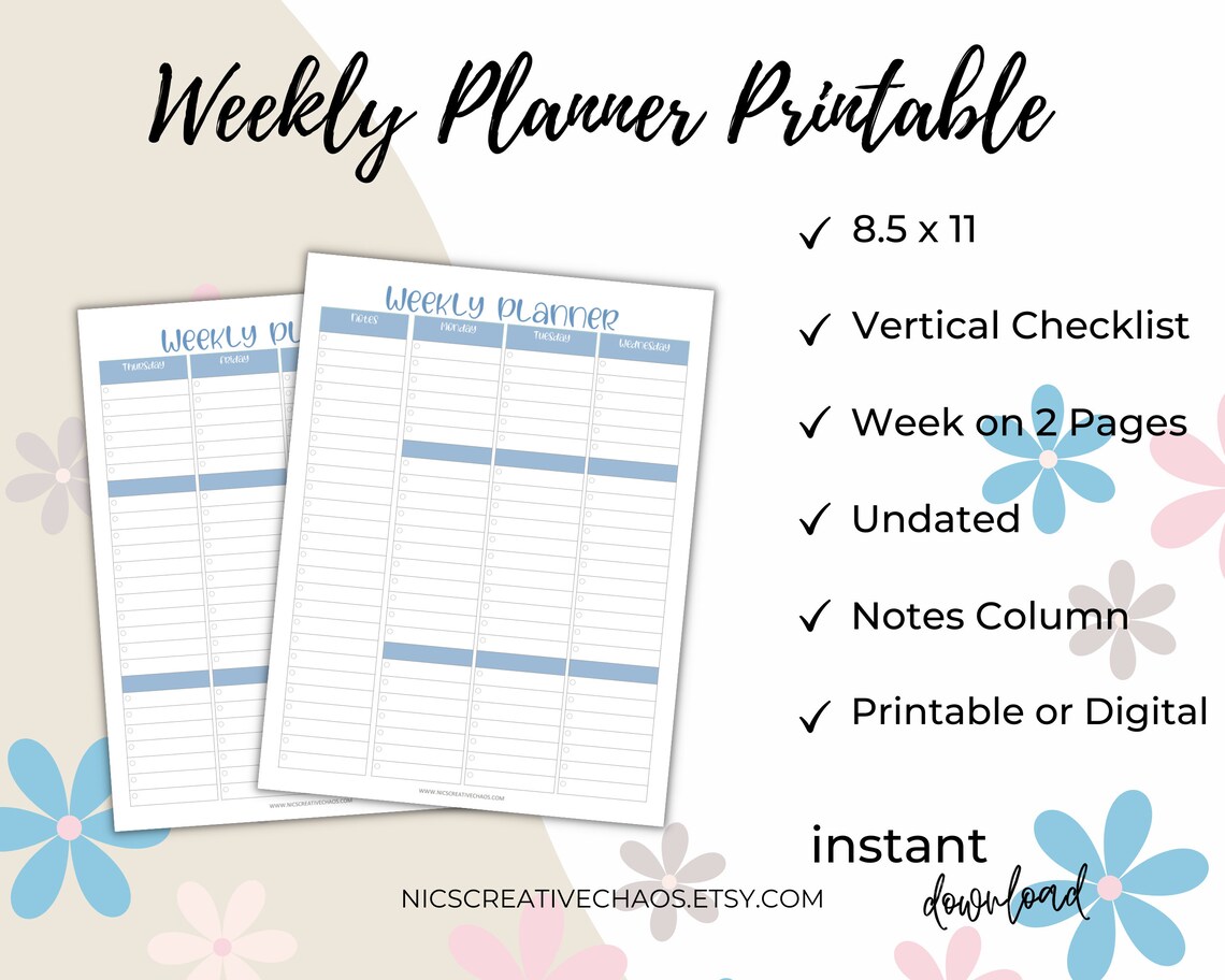 Vertically Checklist Example Undated Weekly Planner Printable, Vertical Checklist & Notes, Printable ...