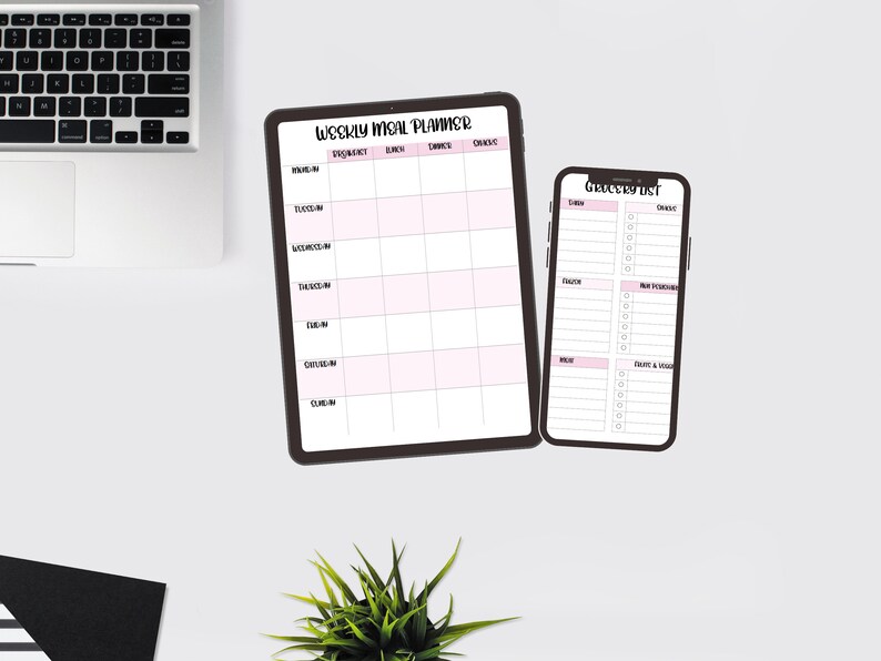 Weekly Meal Planner Printable Grocery List, Digital Meal Planner, Weekly Shopping List, Dinner Prep Template, Pink, Simple, Elegant Inserts