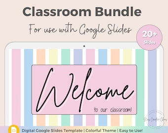 Google Slides Editable Classroom Templates, Google Slides Classroom Kit, Class Welcome, Morning Activities, Rainbow Stripes Teacher Slides