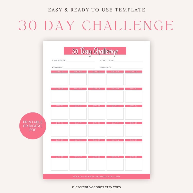 Blank 30 Day Challenge Printable Template Goals, Self-care, Planner ...