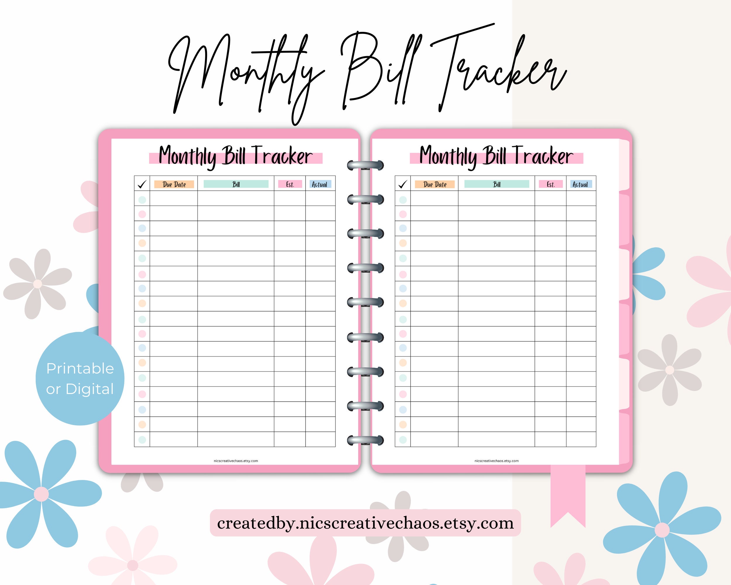 Printable Bill Tracker, Monthly Budget Template, Bills Template Sheet