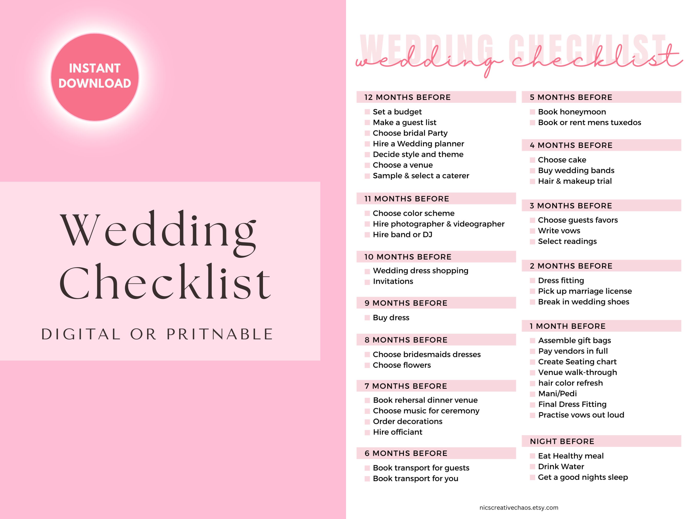 Wedding Checklist Printable, to Do Before Wedding Template Sheet for