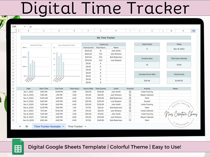 Time Tracker Spreadsheet Google Sheets, Self Employment Tracker, Contractor Pay Tracker, Bookkeeping Spreadsheet, Business Tracker Template
