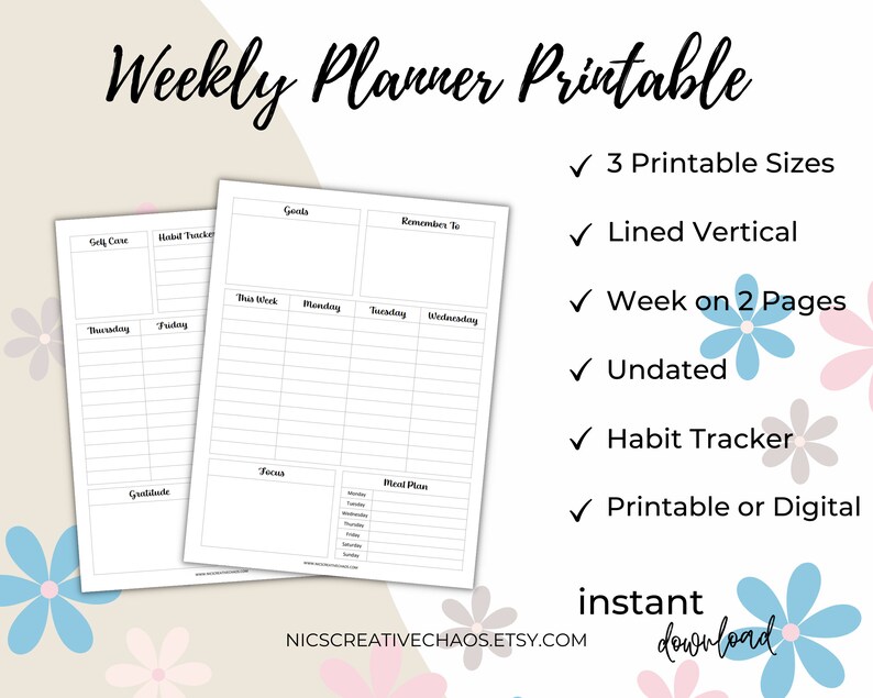 Weekly Planner Printable, Vertical Lined Undated Planner, Week on Two ...