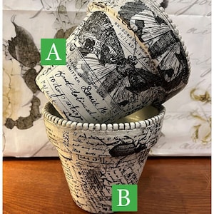 Handcrafted Farmhouse Terracotta Pot | Black & White Decoupage, 6 inch