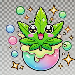 Puede incluir: Ilustración de dibujos animados de una hoja de cannabis verde sonriente con ojos grandes y mejillas rosadas, encima de un postre colorido y goteante. Estrellas brillantes y burbujas de colores rodean la hoja, sobre un fondo transparente.
