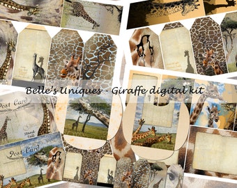 Giraffe junk journal, éphémère, kit numérique, safari, dowload à imprimer.