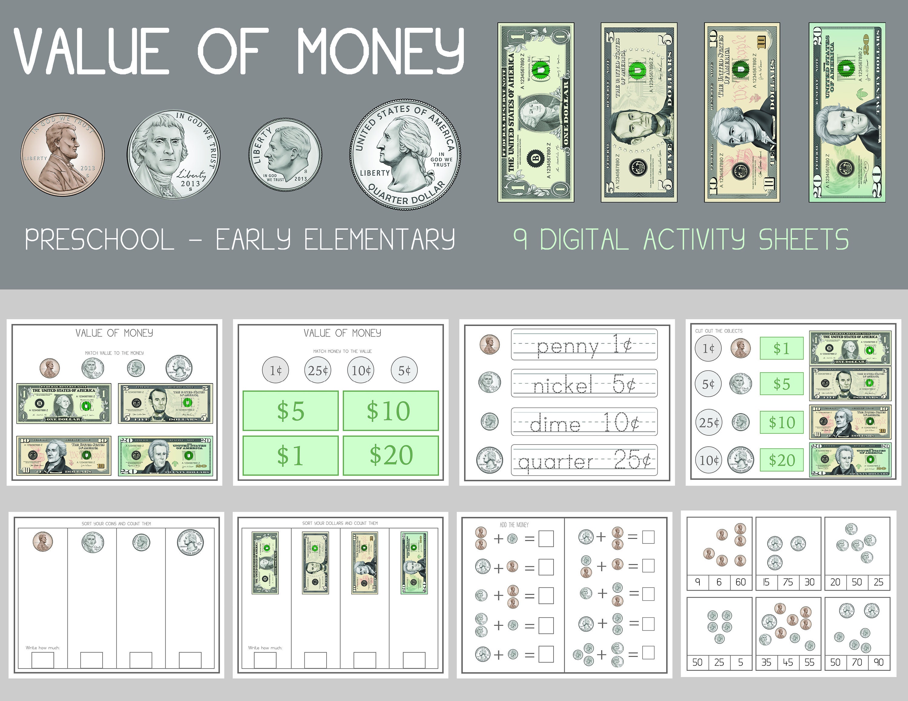 money worksheets value of money learn to add money etsy