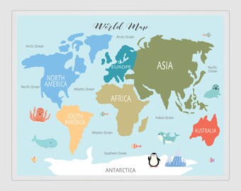 World Map Placemat, Practice Continents and Oceans, World Map Mat, Practice World, World Map Print, 8.5x11, 11x17 Printed Or Digital