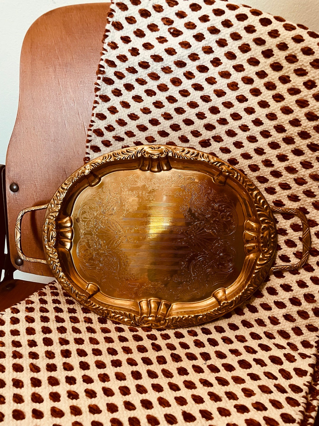 Vintage Gold Metal Serving Tray With Handles Etsy