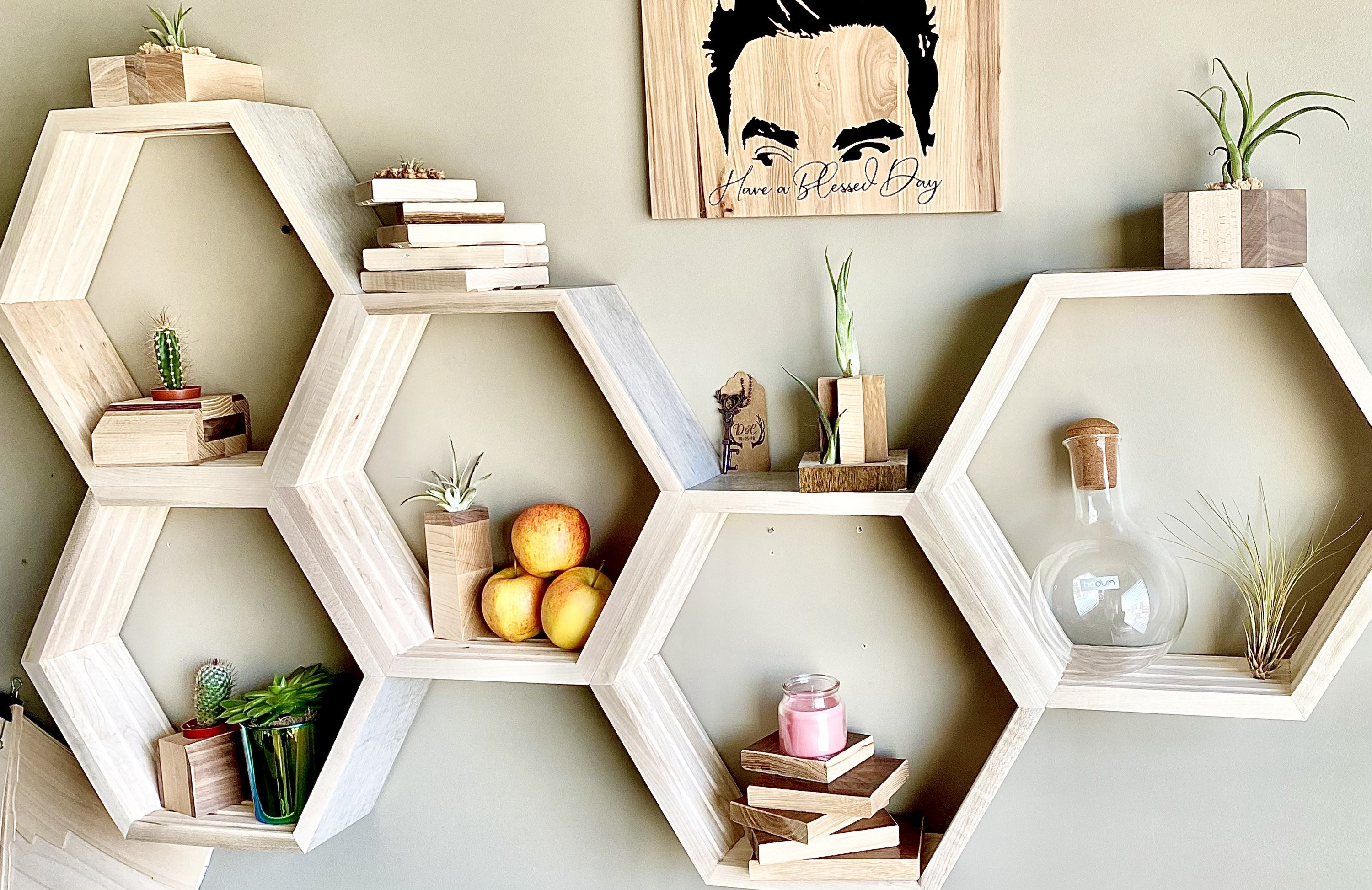 Floating Hexagon Shelf - Glacier Gray Maple Hardwood