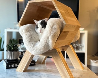 Rustic Cat Furniture - Wooden Pet Bed, Luxury Elevated Cat Lounger Cozy Home, Eco-friendly Cedar Cat Cave Pet Pod