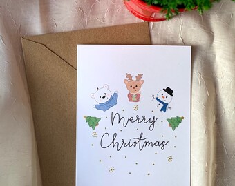 Handmade Christmas Greeting Card: Rudolph, Snowman & Bear with Kraft Envelope