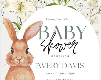 Watercolor Bunny Baby Shower Invitation | Neutral Florals (Editable Canva Template)