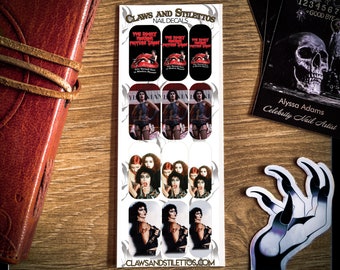 May include: A set of nail decals featuring images from the cult classic film "The Rocky Horror Picture Show". The decals feature images of the main characters, including Dr. Frank-N-Furter, Brad Majors, and Janet Weiss. The decals are printed on a white background and are ready to be applied to your nails.
