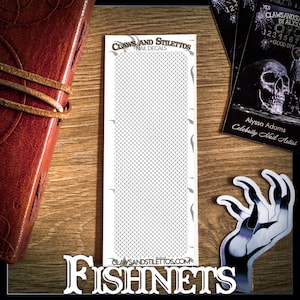 May include: A nail decal sheet with a fishnet pattern, the words "Claws and Stilettos Nail Decals" are at the top. The word "Fishnets" is at the bottom. A business card with a skull and the words "Claws and Stilettos by Alyssa" is on the right.