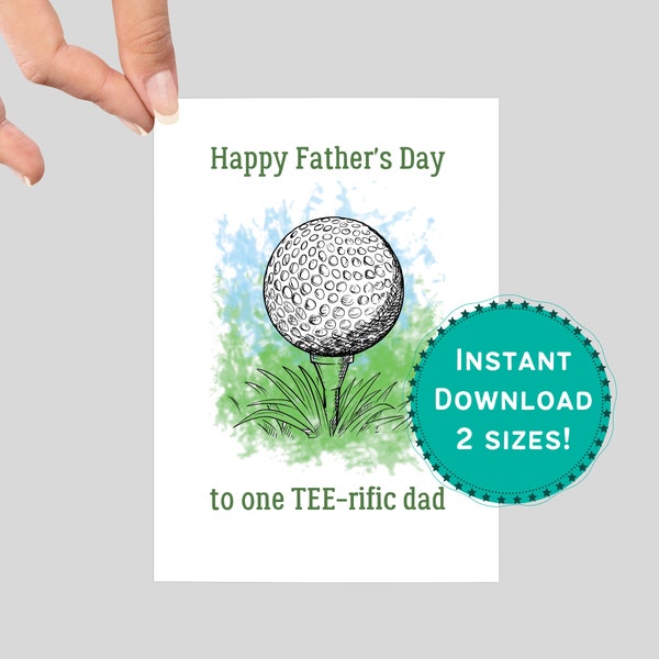 Golfing Fathers Day Card DOWNLOAD FUNNY, golfer tee-rific dad printable, golf ball joke pun digital greeting, from anyone, envelope template