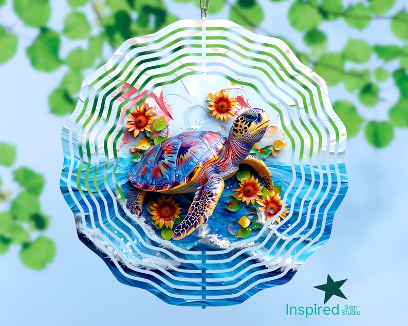 3D Sea Turtle Wind Spinner PNG File, Rainbow Turtle With Sunflowers ...