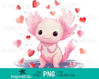 Axolotl Valentines Day PNG, Corazones de acuarela de sublimación, Diseño digital lindo, Clipart de uso comercial, Vaso de taza de camisa, Descarga instantánea
