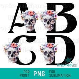 Schädel-Monogramm PNG Sublimationsdesign, Zuckerschädel-Blumen, Halloween Buchstaben Alphabet, Dia de Los Muertos, Tag der Toten Digitaler Download