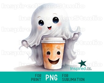 Watercolor Ghost Coffee PNG, Cute Halloween Clipart, Ghost Holding Takeout Cup, Coffee Lover Sublimation Design, Spooky Fall Illustration