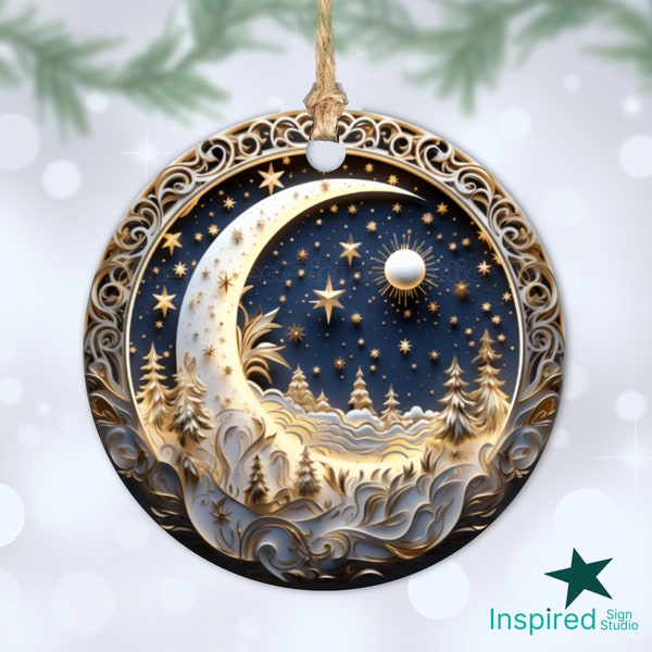 3D Crescent Moon Ornament PNG, Night Sky Stars Clouds, Christmas Sublimation Design Template, 3in Round Ornament, Instant Digital Download