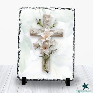 Croix 3D, croix blanche avec lys de Pâques PNG, crucifix en bois, fleur floral, religieux chrétien, téléchargement numérique