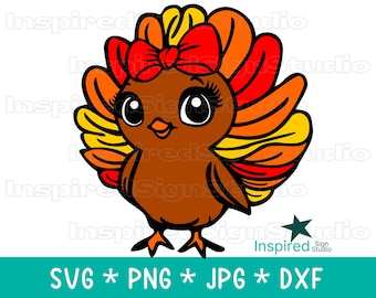 May include: A cartoon turkey with a red bow, large eyes, and colorful feathers in shades of yellow, orange, and red. The turkey is brown and has black feet. The image includes the text "SVG * PNG * JPG * DXF".