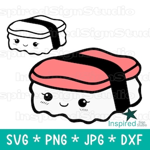 May include: Digital illustration of two sushi pieces with smiling faces. The sushi features a white base, a pink top, and a black seaweed strip. The image includes the text "SVG * PNG * JPG * DXF" and "Inspired Sign Studio".