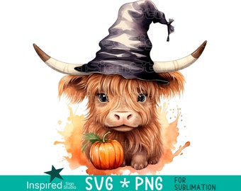 Halloween Highland Cow SVG PNG, Cute Baby Highland Cow w/ Witch Hat & Pumpkin, Sublimation Design, Tumbler Mug Shirt Tshirt, Commercial Use