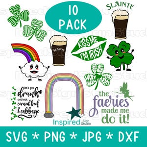 以下が含まれることがあります： セントパトリックデーをテーマにした10個のSVGカットファイルのセット。デザインには、虹、クローバー、妖精、ビールジョッキ、顔のある雲が含まれています。「Let's get drunk and eat corned beef & cabbage」というテキストも含まれています。「Kiss me I'm Irish」というテキストも含まれています。「The fairies made me do it!」というテキストも含まれています。「Slainte」というテキストも含まれています。「Lucky Charm」というテキストも含まれています。「10 Pack」というテキストも含まれています。