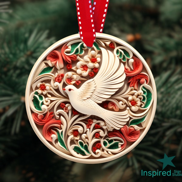 3D Dove Ornament PNG, 3D White Bird with Flowers Christmas Ornament, Sublimation Design, 3in Round Circle Template, Instant Digital Download