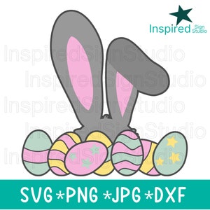 Osterhasenohren SVG für Kinder Jungen Mädchen, Kaninchen versteckt sich hinter Eiern PNG, Cricut Datei, Sublimationsdesign, Hemden Körbe digitaler Download