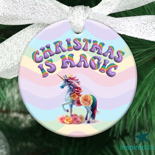 3D Inflated Rainbow Unicorn Ornament PNG, Christmas is Magic Quote, Sublimation Design, 3in Round Circle Template, Instant Digital Download