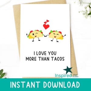 Carte de tacos à imprimer pour la fête des pères, je t'aime plus que des tacos, amateur de tacos, drôle de papa mari, téléchargement immédiat, modèle d'enveloppe
