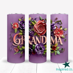 Envoltura de vaso 3D para abuela, diseño de sublimación con flores para el Día de la Madre, vaso delgado de 20 oz, descarga digital floral, regalo para abuela