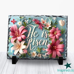 Il est ressuscité 3D ardoise PNG pour Pâques, sublimation religieuse chrétienne, image clipart floral fleur, 6 x 8 5 x 7 4 x 6 8 x 12, téléchargement numérique