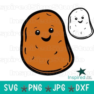 May include: A brown potato illustration with a smiling face and black outlines, accompanied by a smaller white potato outline version. The text InspiredSignStudio appears repeatedly in the background, and the text SVG PNG JPG DXF is at the bottom.