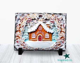 3D Gingerbread House Slate PNG, Sublimation Slate Design Template, 8x8 in Square, 5x7 6x8 8x12 inch, Christmas Cookie, Digital Download File