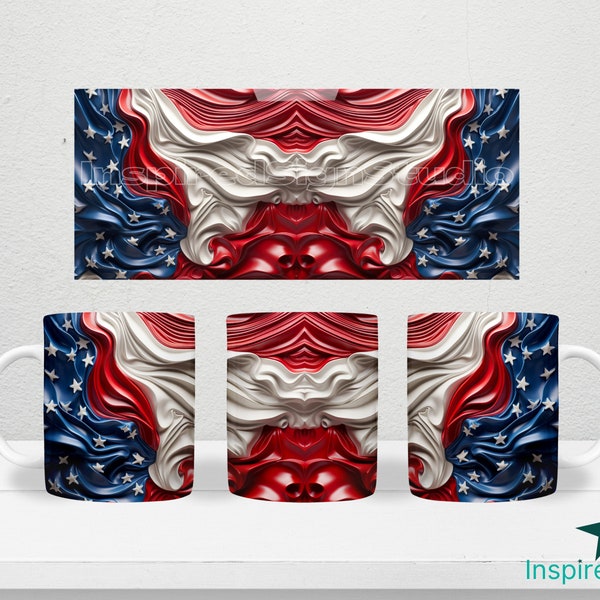 3D American Flag Mug Sublimation Wrap, 4th of July Design, 11 oz 12 oz 15 oz Mugs PNG, Full Wrap, Easy Wrap, Red White and Blue Mug for Men