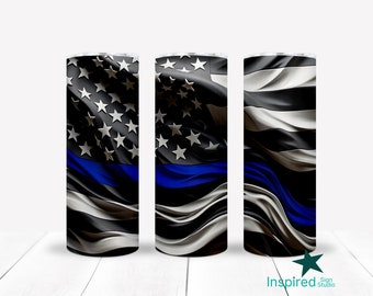 3D Thin Blue Line Flag Tumbler Wrap PNG, Police Flag Sublimation Design for Police Officer Men Wife, 20oz Skinny Tumbler, Digital Download