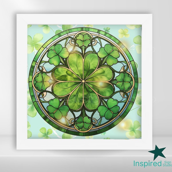 Shamrock Stained Glass Shadow Box PNG, St Patricks Day Sublimation Shadowbox Design Template, 8x8 8x10 12x12 inch in, Irish Four Leaf Clover