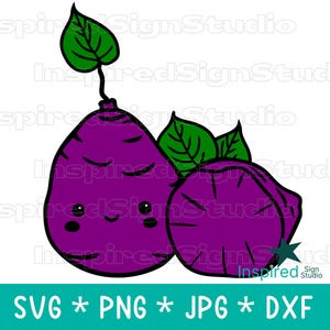 May include: A digital illustration of two purple sweet potatoes with green leaves. The sweet potatoes have smiling faces. The image includes the text "SVG * PNG * JPG * DXF" in a green and blue banner.