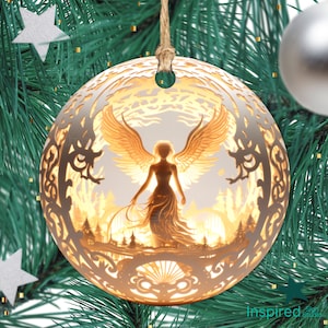 3D Angel Ornament PNG, Glowing Gold Angel with Halo, Memorial Christmas Ornament, 3in Circle Sublimation Design, Instant Digital Download